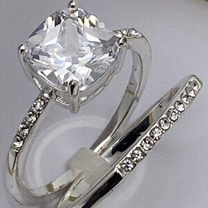 Silver-Tone 2-Pcs Solitaire & Band Ring Set–Timeless Elegance in Harmony - 6,7,8